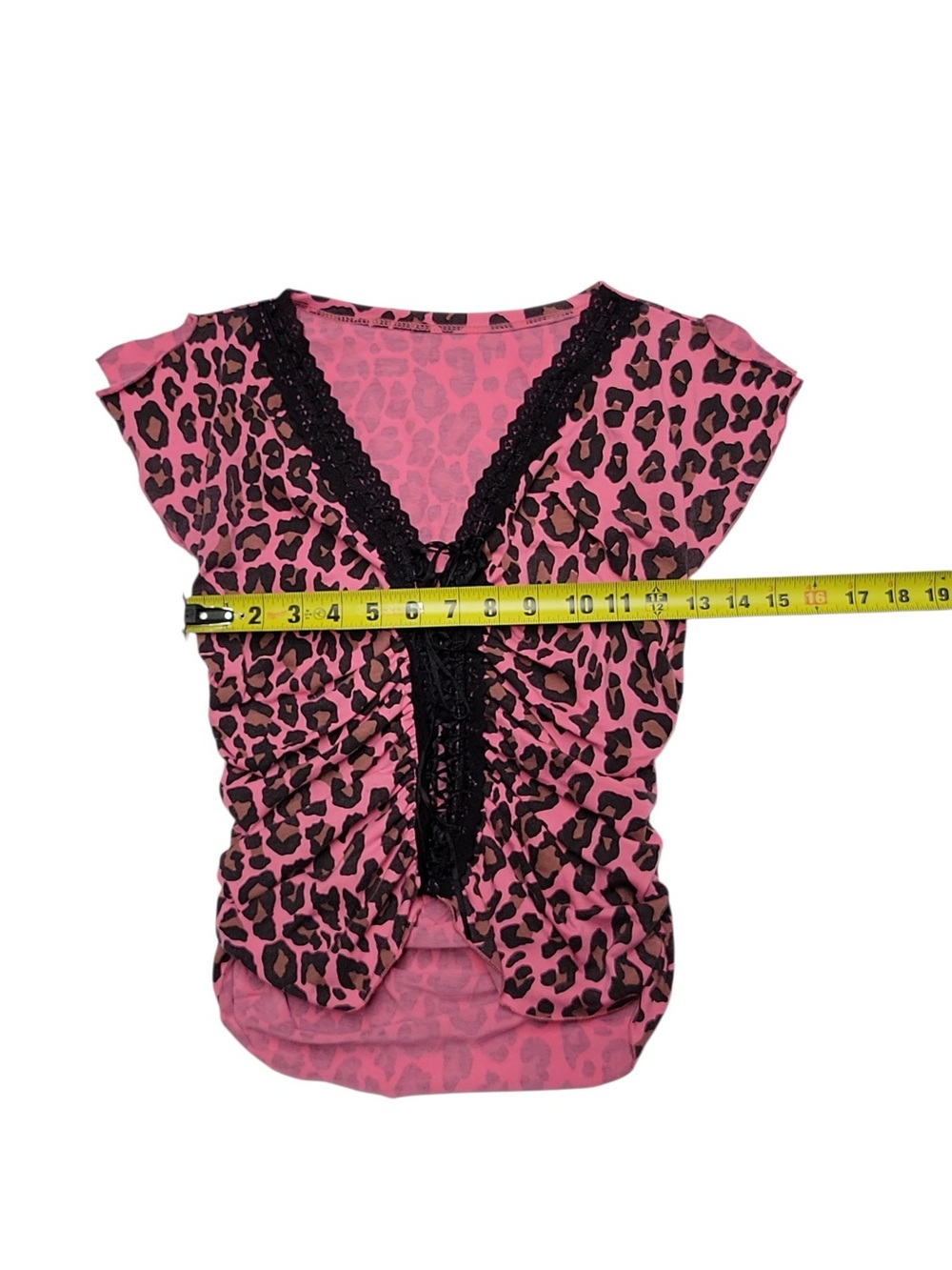 Y2K Retro Pink Lace Leopard Print- Short Sleeve Crop Top Women's Size Small - Picture 5 of 8